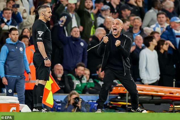 Pep Guardiola celebrated wildly when Man City scored their 94th minute winner against Villa