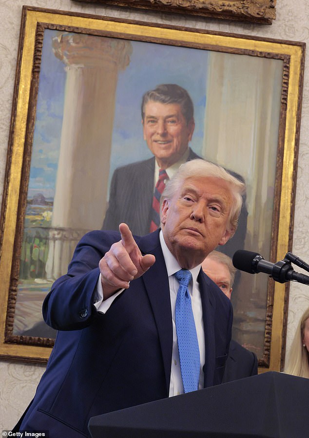 The benchmark S&P/ASX200 was 1.5 per cent firmer during the first two hours of Wednesday trade as investors took heat from the Trump Administration looking to sign trade deals (US President Donald Trump is pictured in front of a portrait of a Republican predecessor Ronald Reagan)