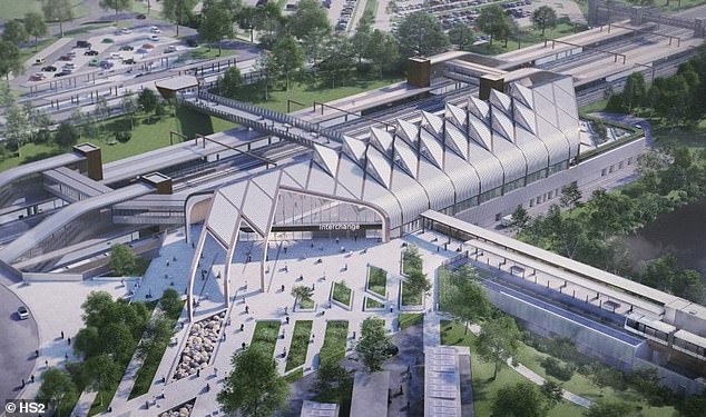 Birmingham Interchange HS2 station (artist's impression, above) will be connected to the airport by an 'Automated People Mover' taking six minutes, which can be seen bottom right