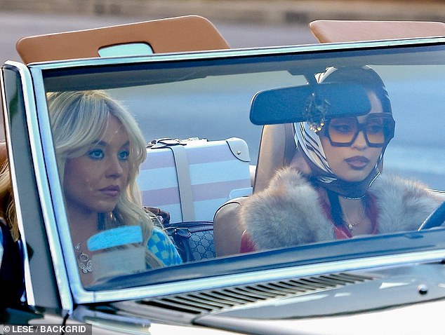 The blonde bombshell, 27, looked almost unrecognizable from her high school alter ego Cassie, as she shot scenes on Sunset Boulevard alongside co-star Alexa Demie (Maddy)