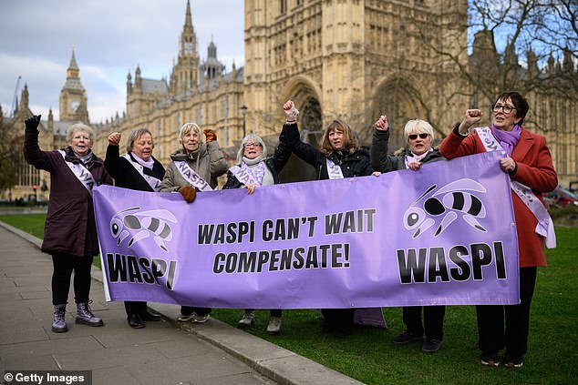Pictured: A group of women representing the WASPI protest group outside the Houses of Parliament during a demonstration on March 17, 2025 in London