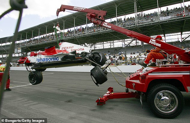 Fears over the race, meanwhile, began to grow when Ralf Schumacher's left-rear tyre blew on his Toyota at 180mph, leaving him out of the race.