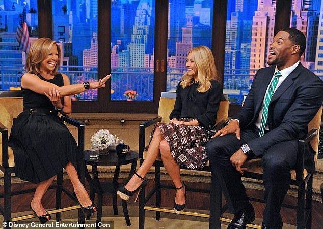 Kelly Ripa (middle) and Michael Strahan (right), who hosted Live! together for four years before their explosive public feud following Strahan's decision to jump ship and join Good Morning America in 2016