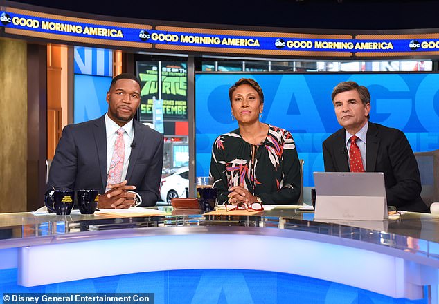GMA is the second-most viewed show in its timeslot, just recently losing its top-spot to NBC's Today show (pictured left to right: Strahan, Robin Roberts, and George Stephanopoulos)