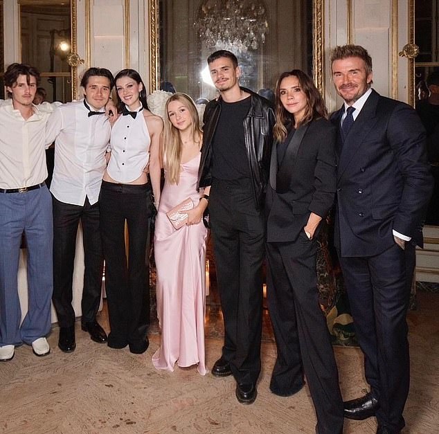 When David Beckham turns 50 this week, he desires nothing more than for his first-born son Brooklyn (third from right) and his wife Nicola (centre, in pink) to join the rest of the family on an idyllic jaunt to celebrate his birthday in a secret European location