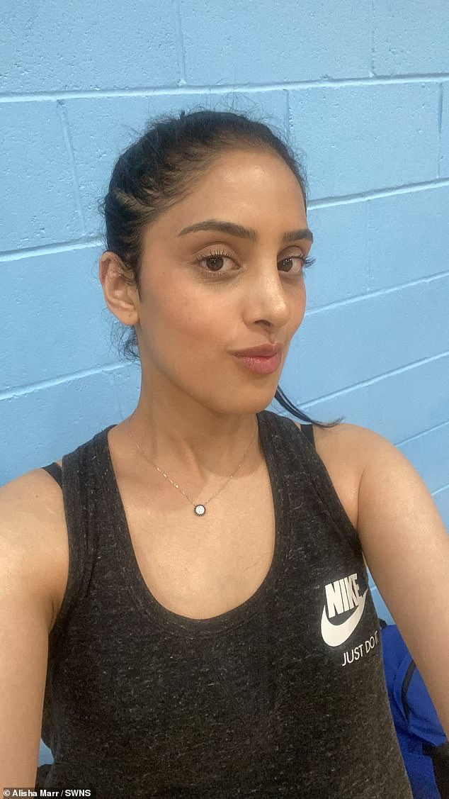 Alisha Marr, 26, from London , started to have issues around food when she was bullied for being a 'teachers' pet' and gaining weight from a complex knee injury from badminton, aged 14