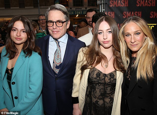 Parker, 60, shares her kids with husband Matthew Broderick, 63;  Pictured In New York City  with twins Tabitha (l) and Loretta (r) on April 10