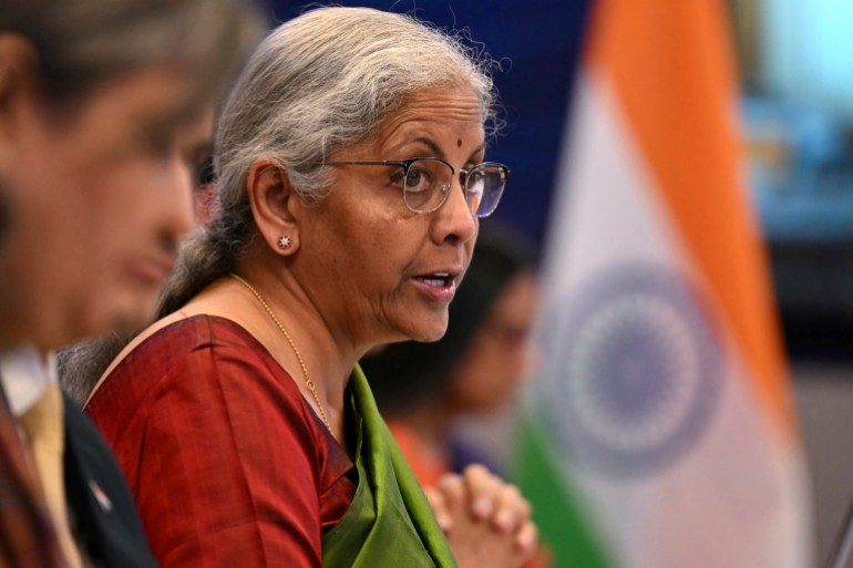 India's Finance Minister Nirmala Sitharaman, speaks, during an India-UK Economic and Financial Dialogue (EFD), at the London Stock Exchange Group (LSEG) in central London, Wednesday, April 9, 2025. (Justin Tallis/Pool Photo via AP)
