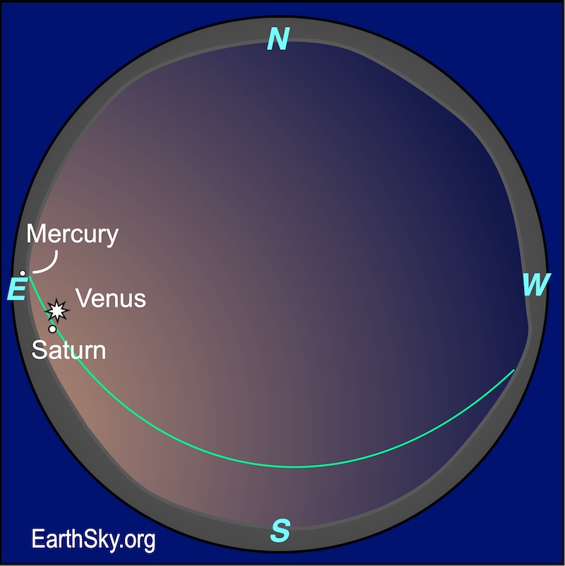 Sphere chart showing three planets in the May morning sky: Venus, Saturn and Mercury.