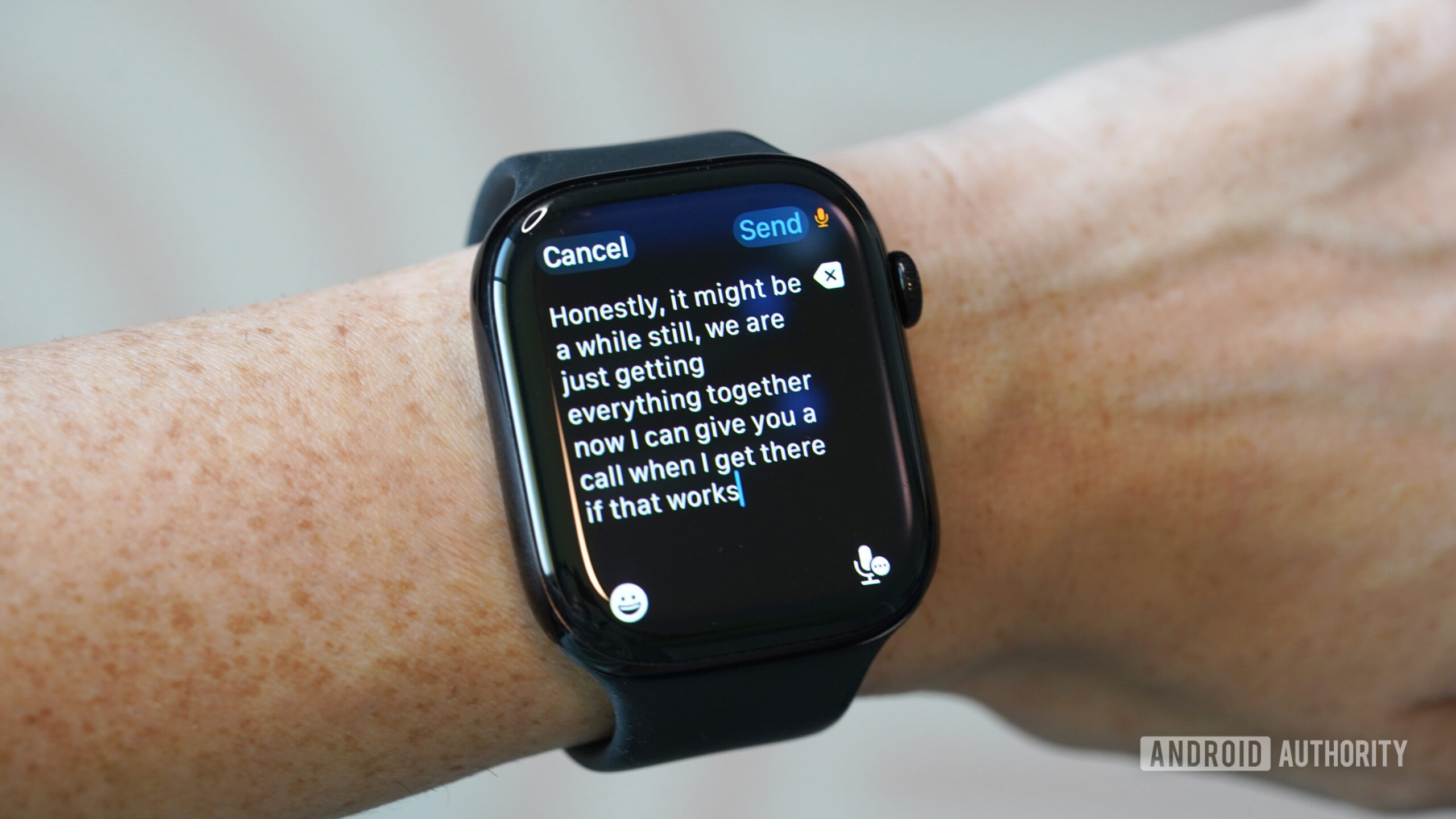 An Apple Watch Series 10 dictates a text message.