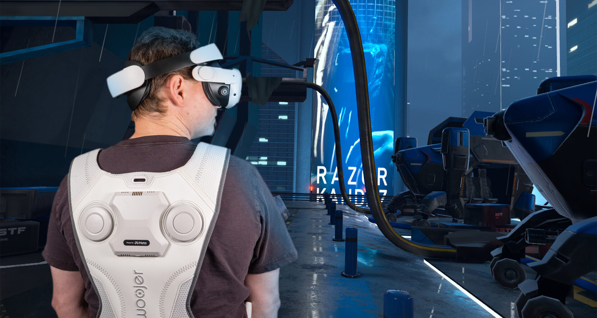 Wearing a Woojer Haptic Vest 3 and a Meta Quest 3, standing virtually in the lobby for Breachers