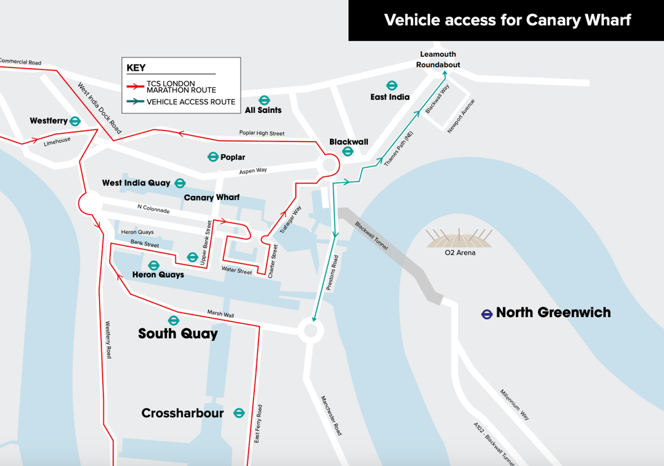 Road closures in Canary Wharf and Greenwich for the London Marathon