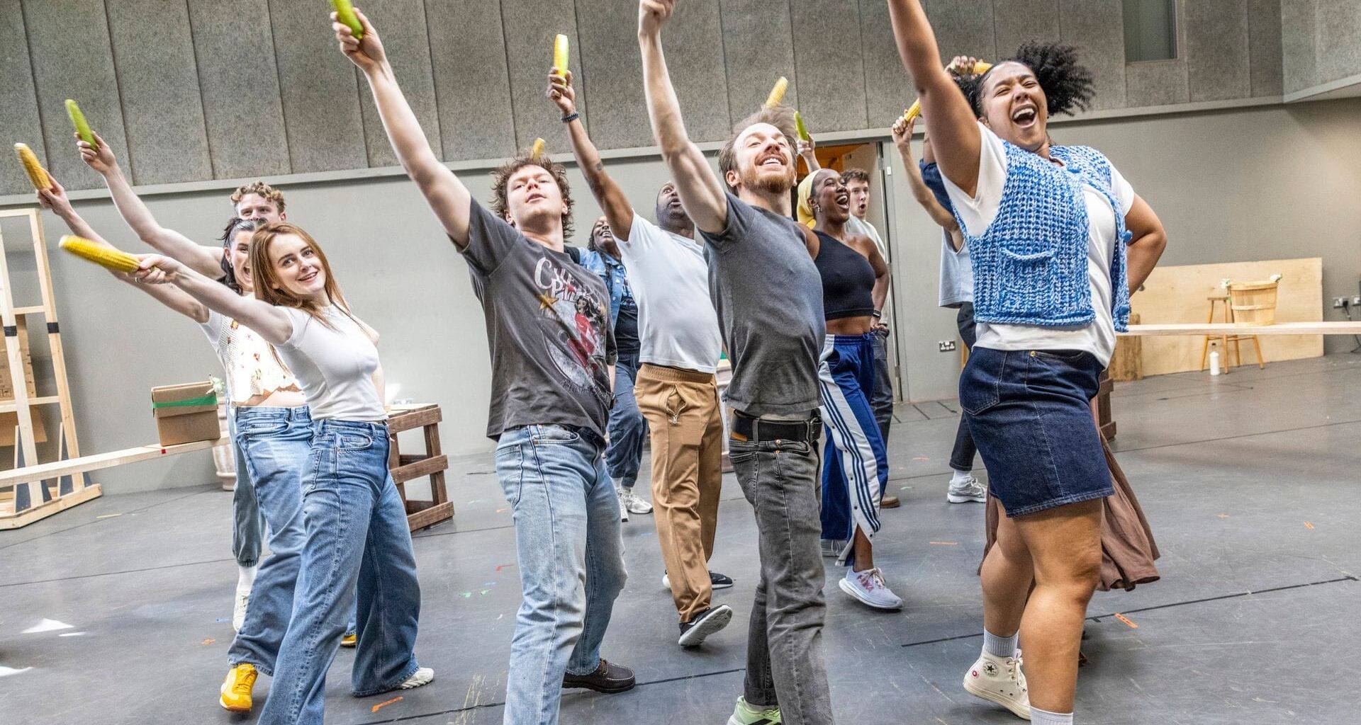 Cast in rehearsals for Shucked (c) Pamela Raith