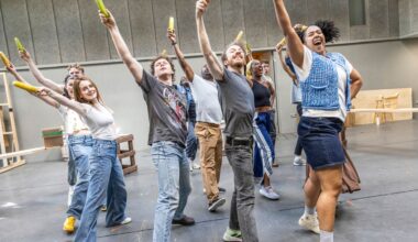 Cast in rehearsals for Shucked (c) Pamela Raith