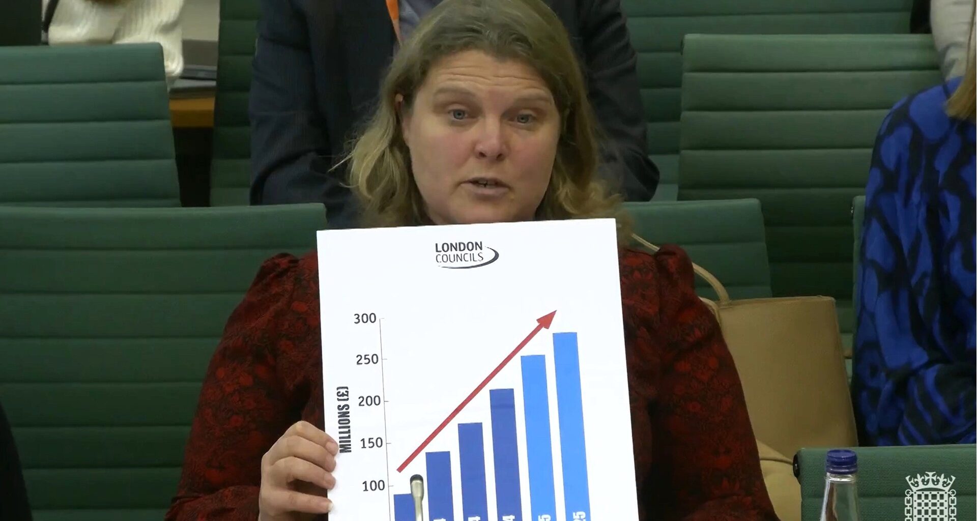 London Councils' Grace Williams holding up a chart in parliament to demonstrate London homelessness funding