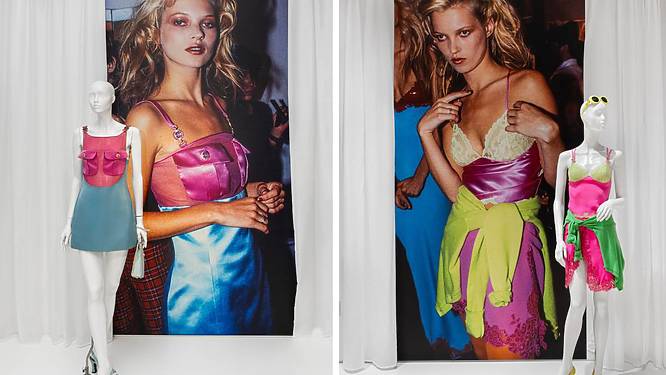 A side by side image of Kate Moss wearing Versace designs and the same designs on show at the Versace exhibition