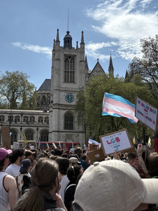 Trans rights protestors prepare to march from outside Westminster Cathedral