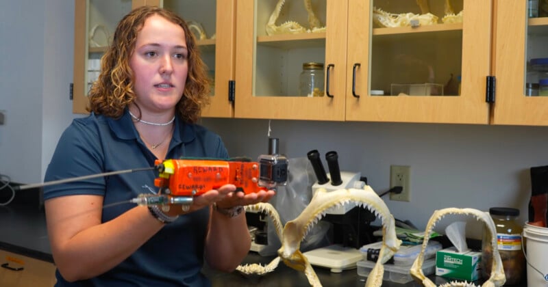 A woman sits in a lab, holding an orange underwater device with a camera attached. Shark jaws and scientific equipment are visible on the counter and in cabinets behind her.