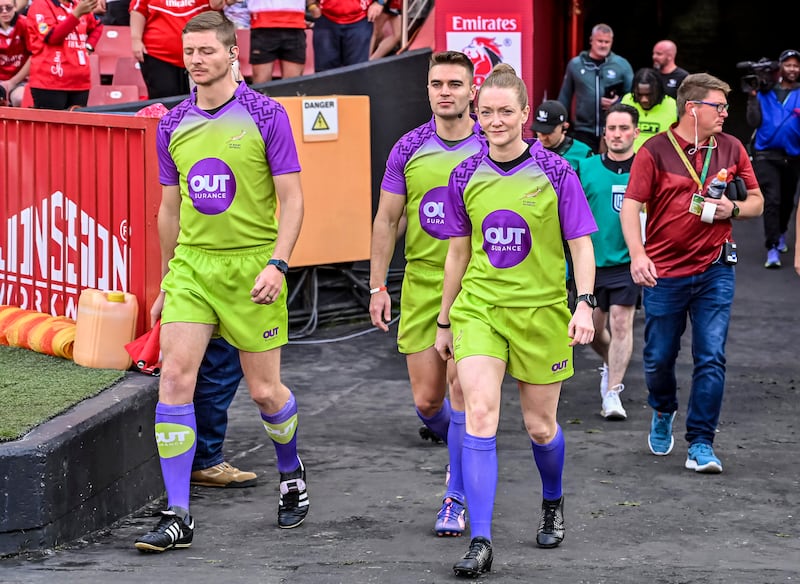 Referee Hollie Davidson and assisant referees walking  out for the Lions against Connacht match iin Johannesburg, South Africa, on April 26th, 2025. Photograph: Steve Haag/Inpho Sports