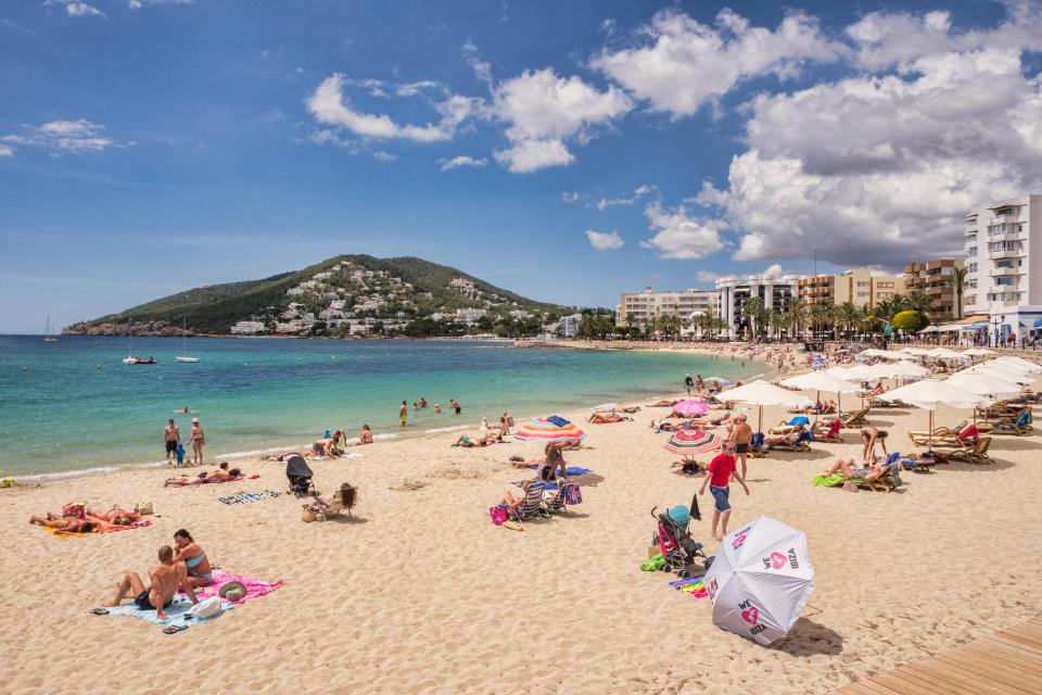 GA614D 20 June 2016: Santa Eularia, Ibiza, Spain - The beach at Santa Eularia, Ibiza, Spain.