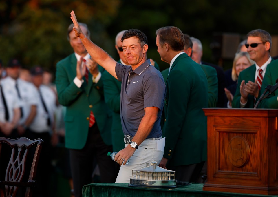 AUGUSTA, GEORGIA - APRIL 13: Rory McIlroy of Northern Ireland reacts during the Green Jacket Ceremony after the final round of the 2025 Masters Tournament at Augusta National Golf Club on April 13, 2025 in Augusta, Georgia. (Photo by Harry How/Getty Images)
