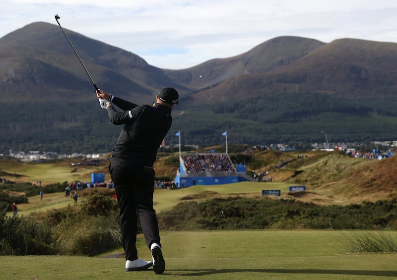Shane Lowry tees off during day two of the Amgen Irish Open 2024 at Royal County Down