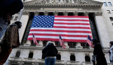 An American flag is displayed on the New York Stock Exchange in New York, Monday, Feb. 24, 2025.