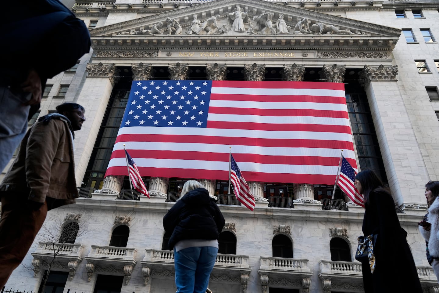 An American flag is displayed on the New York Stock Exchange in New York, Monday, Feb. 24, 2025.