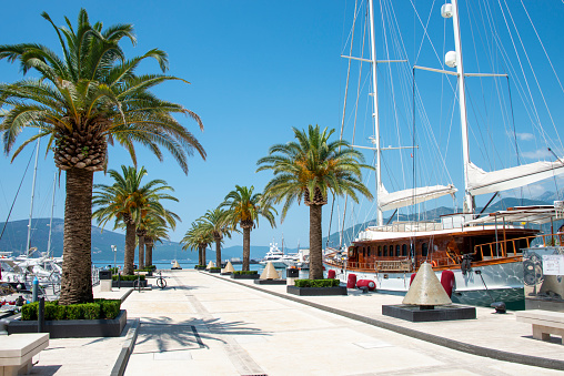 Beautiful sea promenade in Tivat, Montenegro. Kotor bay, Adriatic sea