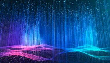 Abstract image of big data wave and information vertical line dots on a dark background.