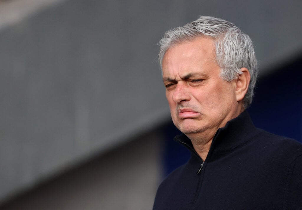 Jose Mourinho, Manager of Tottenham Hotspur reacts prior to the Premier League match between Everton and Tottenham Hotspur at Goodison Park on Apri...