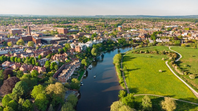 Aerial view of River Dee in Chester including Queens Park Bridge, Cheshire, England, UK