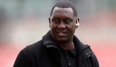 Presenter and former football player, Emile Heskey looks on prior to the Barclays FA Women's Super League match between Manchester United Women and...
