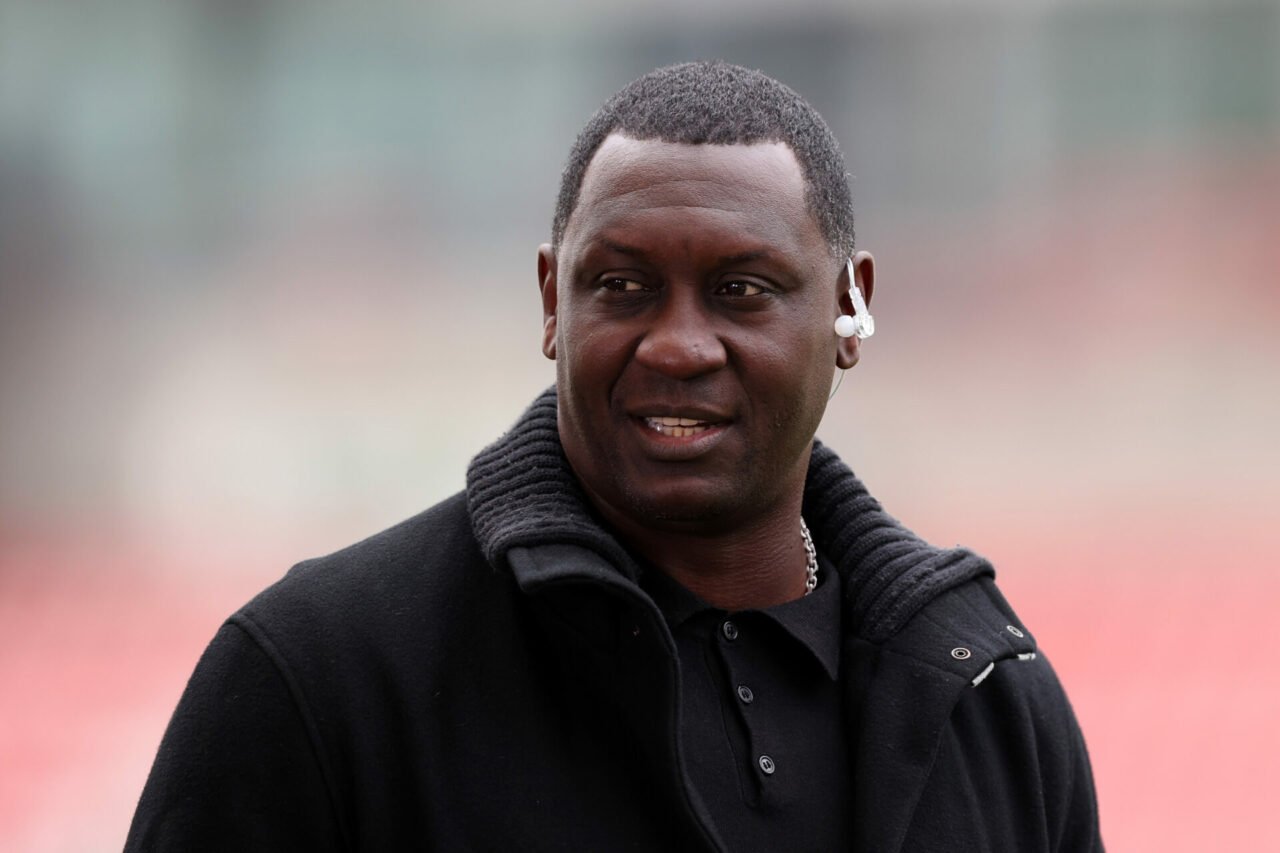 Presenter and former football player, Emile Heskey looks on prior to the Barclays FA Women's Super League match between Manchester United Women and...