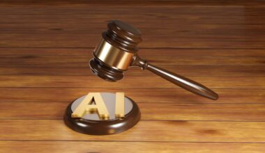 Wooden gavel with brass engraving band and golden alphabets AI on a round wood sound block. Illustration of the concept of legislation of artificial intelligence act and rules