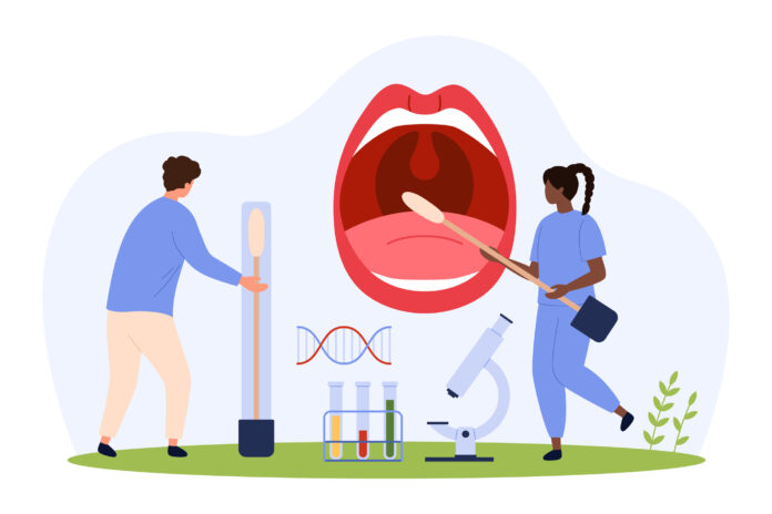 DNA tests, genetic research technology by tiny people holding long buccal cotton swab