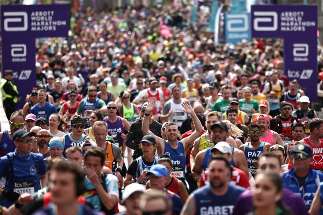 A packed crowd of runners taking part in the London Marathon.