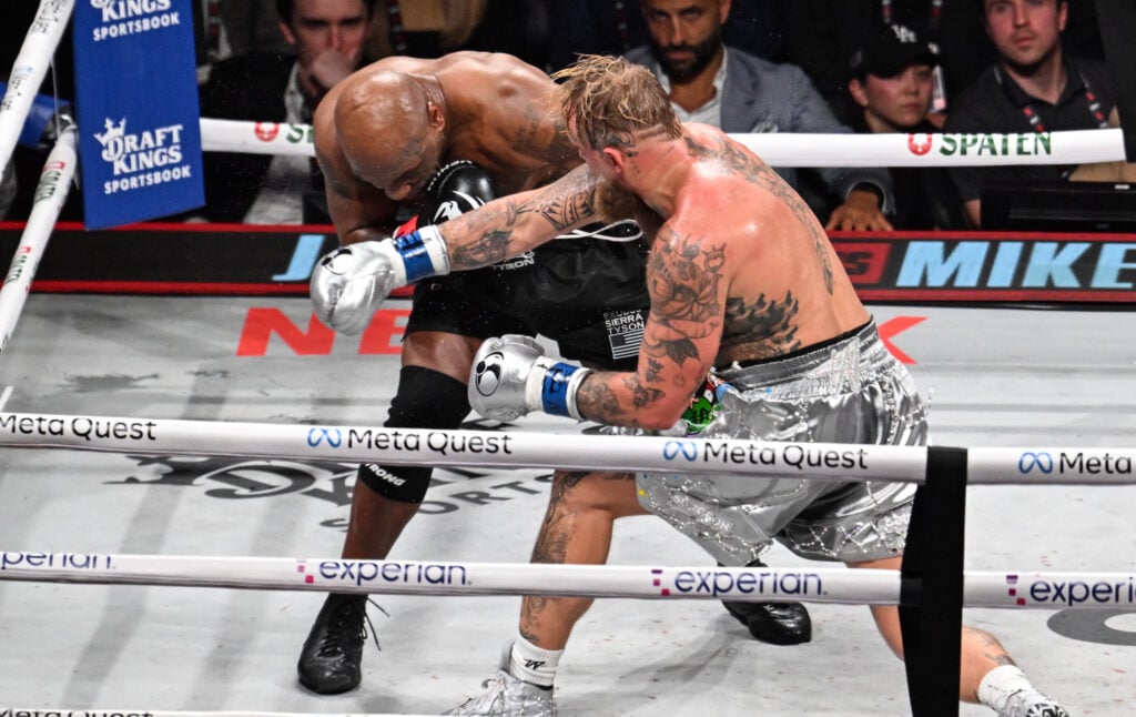 Jake Paul lands punch on Mike Tyson during heavyweight fight