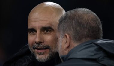 Pep Guardiola, Manager of Manchester City, embraces Ange Postecoglou, Manager of Tottenham Hotspur, prior to the Premier League match between Manch...