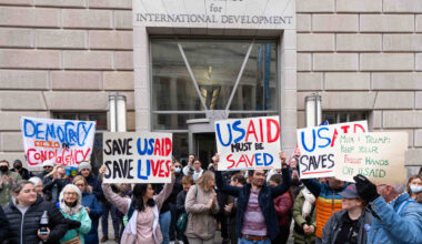 Employees and supporters protest outside the headquarters for United States Agency for International Development (USAID), on Monday, February 3, 2025, after Elon Musk posted on social media that he and President Donald Trump would shut down the agency.