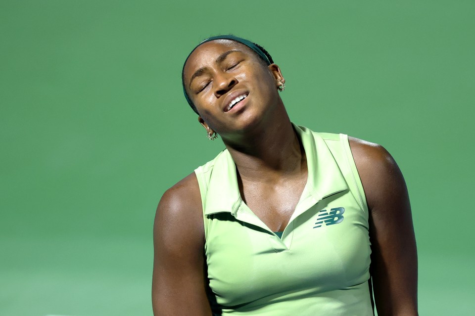 DUBAI, UNITED ARAB EMIRATES - FEBRUARY 18: Coco Gauff of the United States reacts while playing against Mccartney Kessler of the United States in their second round match during day three of the Dubai Duty Free Tennis Championships, part of the Hologic WTA Tour at Dubai Duty Free Tennis Stadium on February 18, 2025 in Dubai, United Arab Emirates. (Photo by Christopher Pike/Getty Images)
