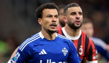 Dele Alli of Como 1907 is marked by fellow Englishman Kyle Walker of AC Milan during the Serie A match between AC Milan and Como 1907 at Stadio Giu...