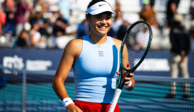 Emma Raducanu reacts after Team GB qualify for the Billie Jean King Cup finals
