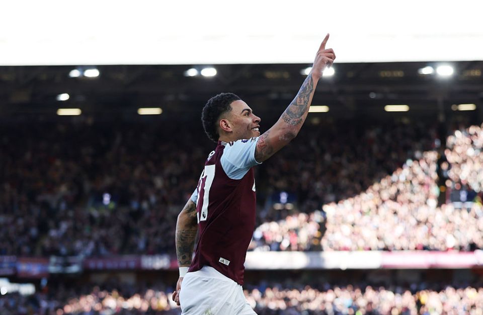 BIRMINGHAM, ENGLAND - APRIL 05: Morgan Rogers of Aston Villa celebrates scoring his team's first goal during the Premier League match between Aston Villa FC and Nottingham Forest FC at Villa Park on April 05, 2025 in Birmingham, England. (Photo by Neville Williams/Aston Villa FC via Getty Images)