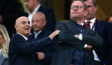 Daniel Levy (L) Chairman  of Tottenham Hotspur during the UEFA Europa League 2024/25 Quarter Final First Leg match between Tottenham Hotspur and Ei...
