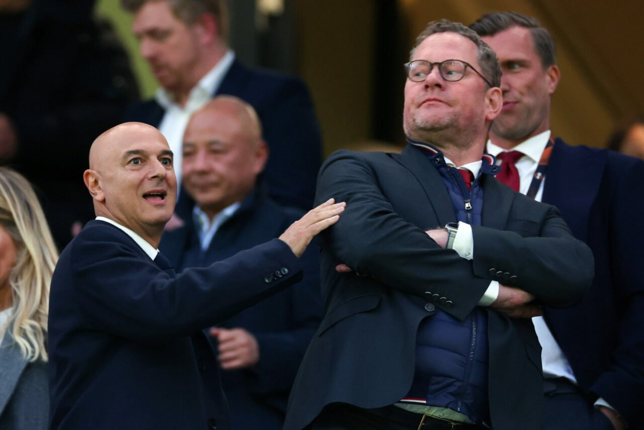 Daniel Levy (L) Chairman  of Tottenham Hotspur during the UEFA Europa League 2024/25 Quarter Final First Leg match between Tottenham Hotspur and Ei...