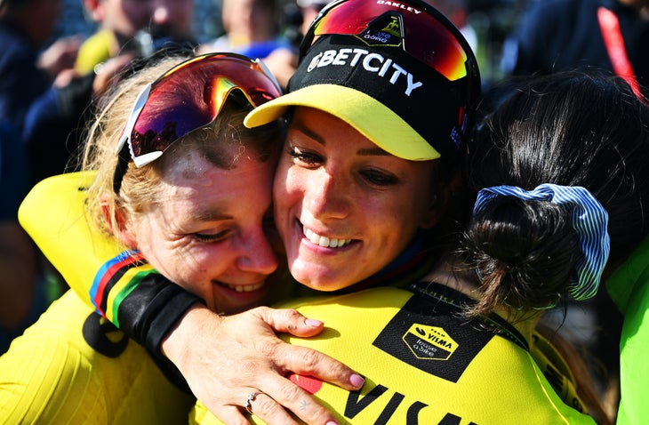 ROUBAIX, FRANCE - APRIL 12: Race winner Pauline Ferrand Prevot of France and Team Visma | Lease A Bike celebrates the victory with her teammates after the 5th Paris-Roubaix Femmes 2025 a 148.5km one day race from Denain to Roubaix / #UCIWWT / #UCIWT / on April 12, 2025 in Roubaix, France. (Photo by Luc Claessen/Getty Images)