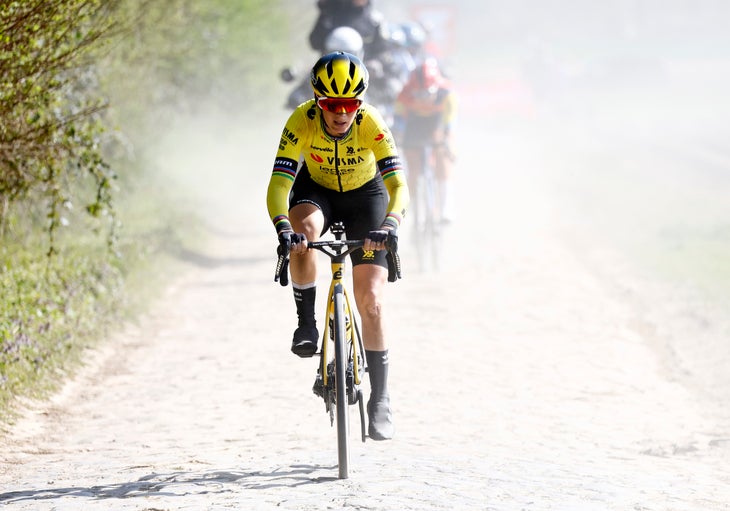ROUBAIX, FRANCE - APRIL 12: Pauline Ferrand Prevot of France and Team Visma | Lease A Bike competes in the breakaway during the 5th Paris-Roubaix Femmes 2025 a 148.5km one day race from Denain to Roubaix / #UCIWT / on April 12, 2025 in Roubaix, France. (Photo by Etienne Garnier - Pool/Getty Images)