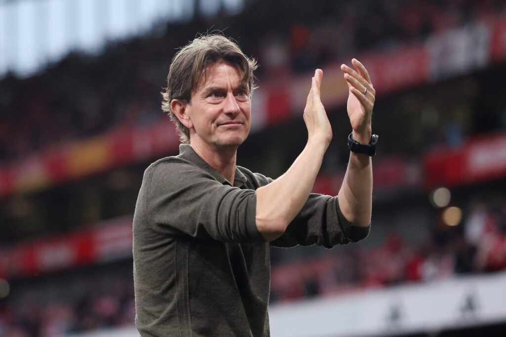 Brentford Manager, Thomas Frank during the Premier League match between Arsenal FC and Brentford FC at Emirates Stadium on April 12, 2025 in London...