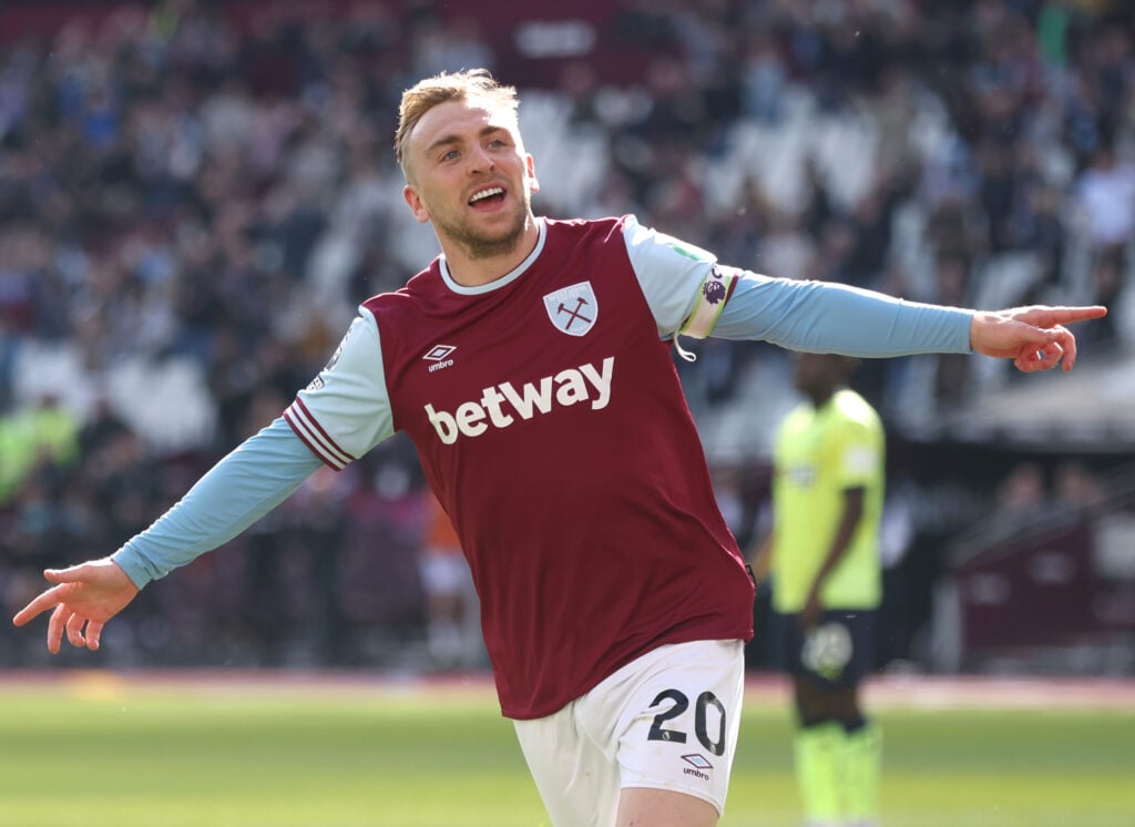 West Ham United's Jarrod Bowen celebrates scoring his side's first goal during the Premier League match between West Ham United FC and Southampton ...